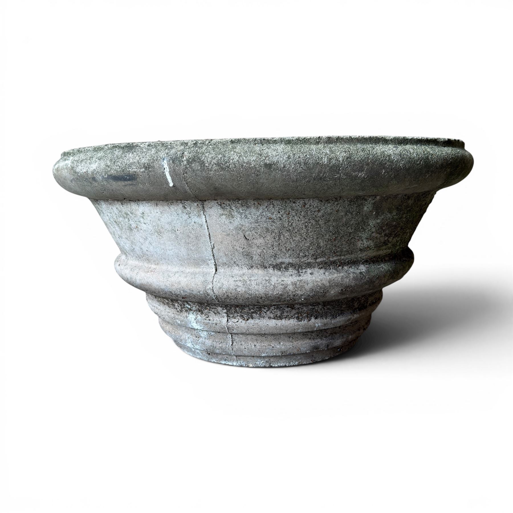 Large circular cast stone planter, and a small lattice planter on raised column