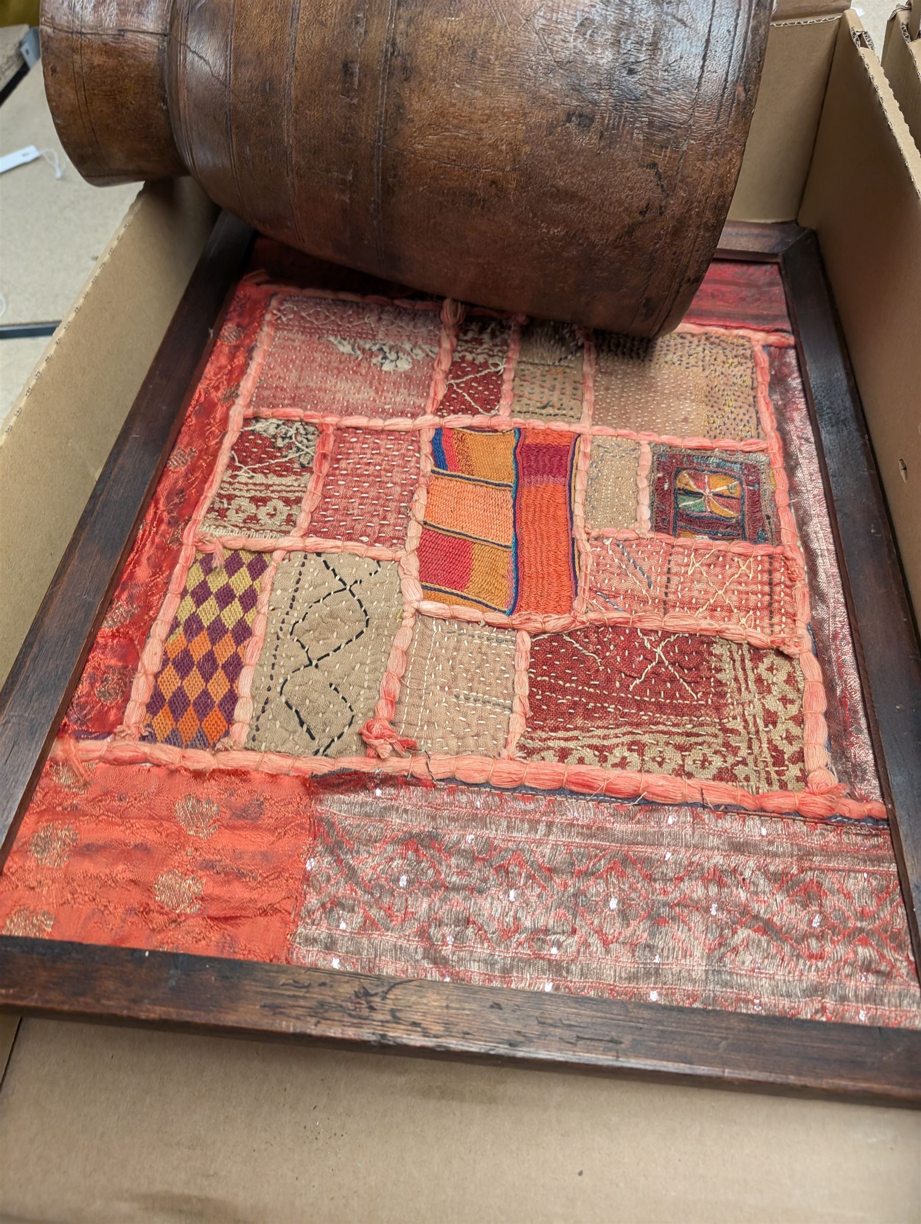 Pair of modern candlesticks in gilt finish, Chinese wooden waste paper basket, box of cutlery and other collectables