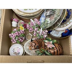 Quantity of ceramics and metalware etc, to include Royal Crown Derby bird paperweight, Portmeirion, Johnson Bros Indian Tree pattern dinner wares, collectors plates etc in four boxes