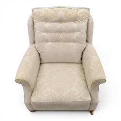 Duresta England - armchair upholstered in beige damask fabric, with deep seat and button back, loose seat cushions with scrolled arms, raised on brass castors