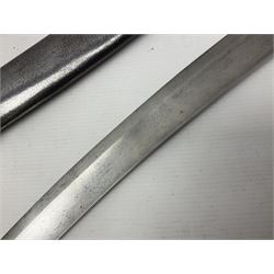 British 1796 Pattern Light Cavalry trooper's sword, the 84cm curving fullered blade stamped Hadley.1 to the back edge, steel hilt with knucklebow, D-shaped langets and leather grip; in polished steel scabbard stamped Osborn & Gunby Birmm. and W.R.16 ( ?16th Light Dragoons) with two suspension rings L100cm overall