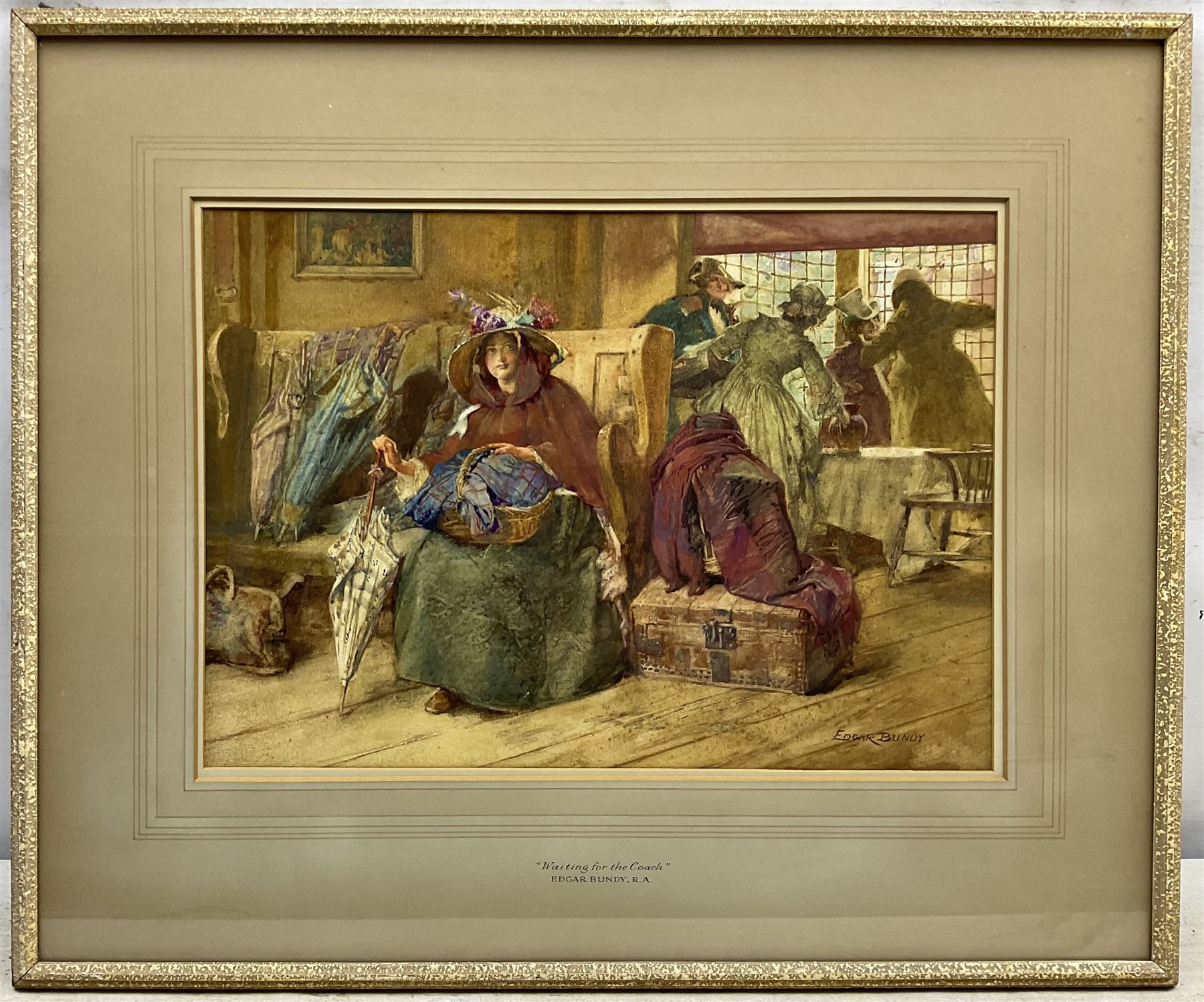 Edgar Bundy (British 1862-1922): 'Waiting for the Coach', watercolour signed, titled on the mount 27cm x 38cm