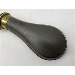 Two Sykes Patent brass mounted small load powder flasks with fire proof safety tops - one with slim plain copper body H17.5cm; the other with plain gun metal body H19cm (2)