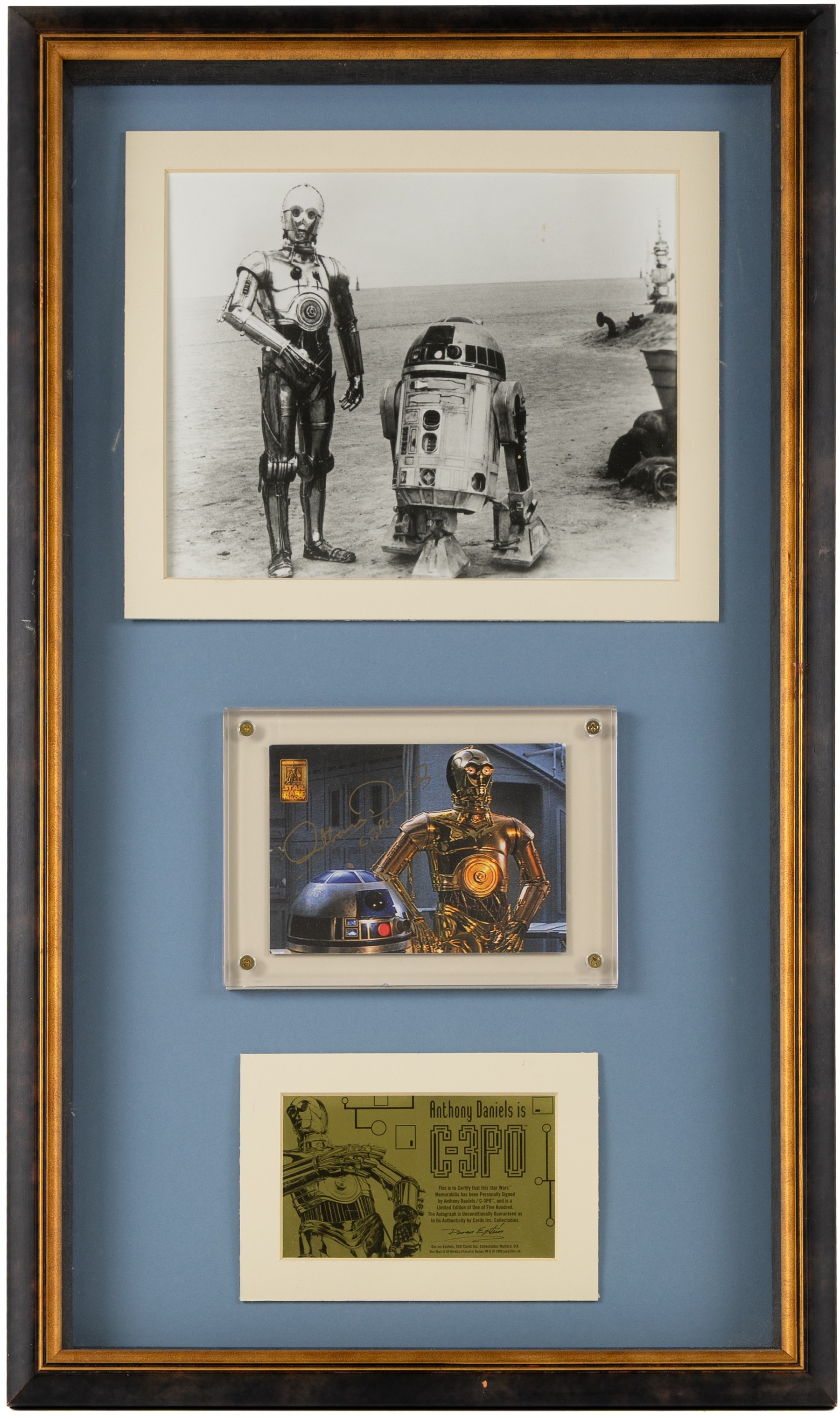 Signed Star Wars prints, comprising Rogue One Cineworld poster signed by Spencer Wilding (Darth Vader), portrait of Lando Calrissian signed by Billy Dee Williams, still of Boba Fett and Jango Fett signed by Daniel Logan and Temuera Morrison and a still of Darth Maul signed by Ray Park, R2-D2 signed by Kenny Baker and a C-3PO montage signed by Anthony Daniels, all framed 