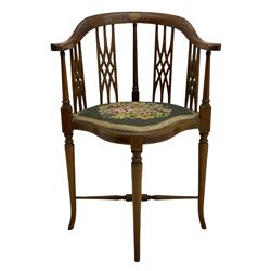 Edwardian inlaid mahogany corner chair, tapestry seat