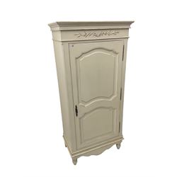 French style white finish wardrobe, enclosed by single panelled door, on turned feet