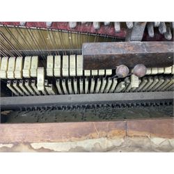 Faventia Half size miniature Spanish barrel piano with a 40cm cylinder playing tunes on a 37 note movement including woodblock and triangle, in a painted case with silk embroidered decoration to the front.  Vicente Linares, Barcelona trade label, with original crank handles, stringing, hammers action, tuning pins and cylinder