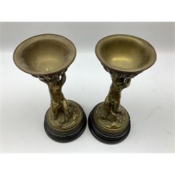 Pair of early 20th Century bronze table centre bowls, each modelled as a seated cherub with a grotesque fish at his feet, supporting a bowl with gadrooned and foliate detail, raised upon a stepped circular base, each unsigned, H34cm