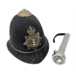 Hull City Police - Christy's London helmet with king's crown plate and an Oldham & Son Ltd Denton Manchester Type T.D.I.A. chromium cased safety torch (2)  