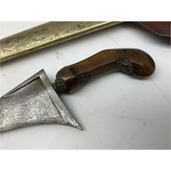 Malayan Kris dagger, the 31.5cm double edged straight heavy damascus blade with copper ferrule; carved hardwood grip; in large wooden throated scabbard with floral decorated white metal covering L47.5cm overall; a kris blade with adapted antler grip; and five various small daggers/letter openers (7)