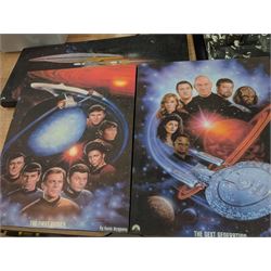 Collection of Star Trek The Next Generation and Deep Space Nine memorabilia, including two limited edition signed Star Trek Deep Space Nine photographs, commemorative porcelain plaque, insignias, Encounter at Farpoint pewter plaque, signed photograph of the Voyager crew, two signed copies of Convergence and a signed War & Madness graphic novel, canvas prints and other signed photos, together with Star Wars Ray Park (Darth Maul) signed photograph, UFO and Buck Rogers memorabilia
