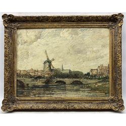 Kershaw Schofield (British 1872-1941): Dutch Bridge and Windmill, oil on panel signed 38cm x 51cm