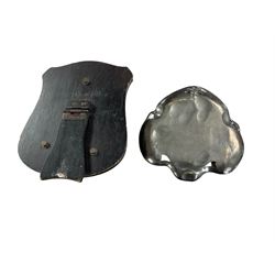 Bronze Ross family crest mounted on wooden strut frame, together with Art Nouveau card tray, after WMF, depicting two maidens amongst stylised flowers, tray H24cm