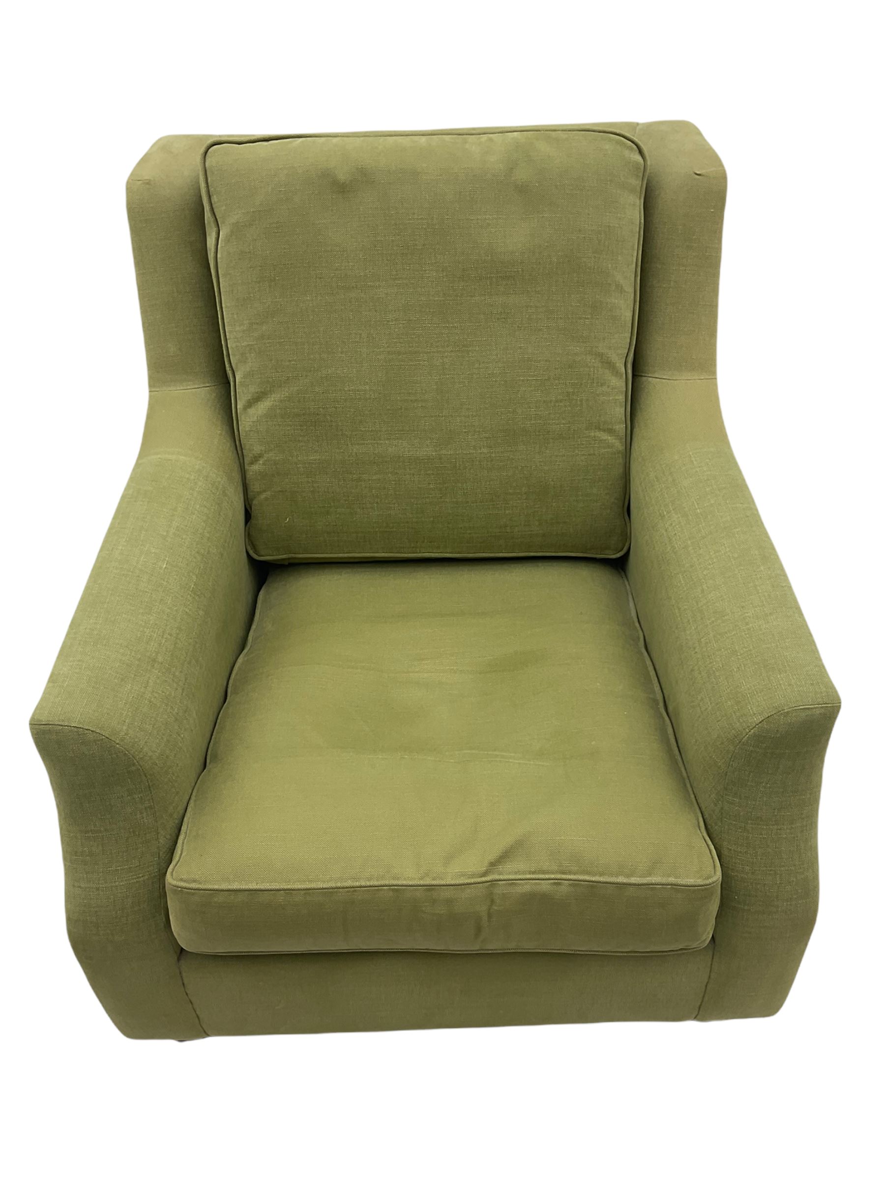 Wesley-Barrell two seat sofa and pair of matching armchairs, upholstered in sage linen fabric