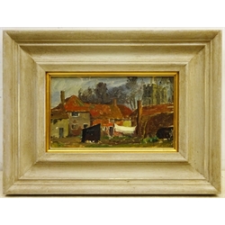 George Faulkner Wetherbee RI, ROI (American 1851-1920): Land Beach and Village scenes, set four oils on panels, one signed verso 13cm x 23cm (4) 