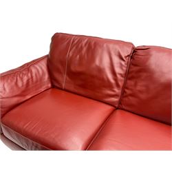 Natuzzi - two seat sofa (W200cm), and matching footstool (W78cm), upholstered in red leather