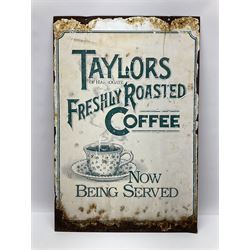 Two sided painted advertising sign, with Yorkshire tea to one side and Taylors of Harrogate to the other, H60cm