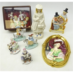  Five China Half Dolls in a 19th century glazed display box with cushioned interior, Wedgwood Gainsborough figural wall plaque, 19th century and later porcelain fairings, some Continental and other figures  