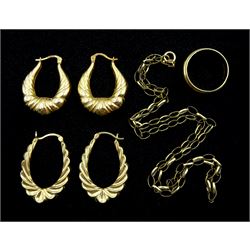 Gold wedding band, two pairs of gold hoop earrings and a gold chain necklace, all 9ct hallmarked or tested, approx 12.2gm
