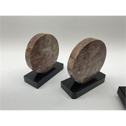 Art Deco style marble and anodised spelter three-piece clock garniture, model with recumbent gazelle, centre piece L52cm.  