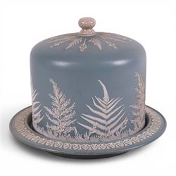 19th century Dudson blue jasperware cheese dome and stand, decorated sprigs of fern leaves...