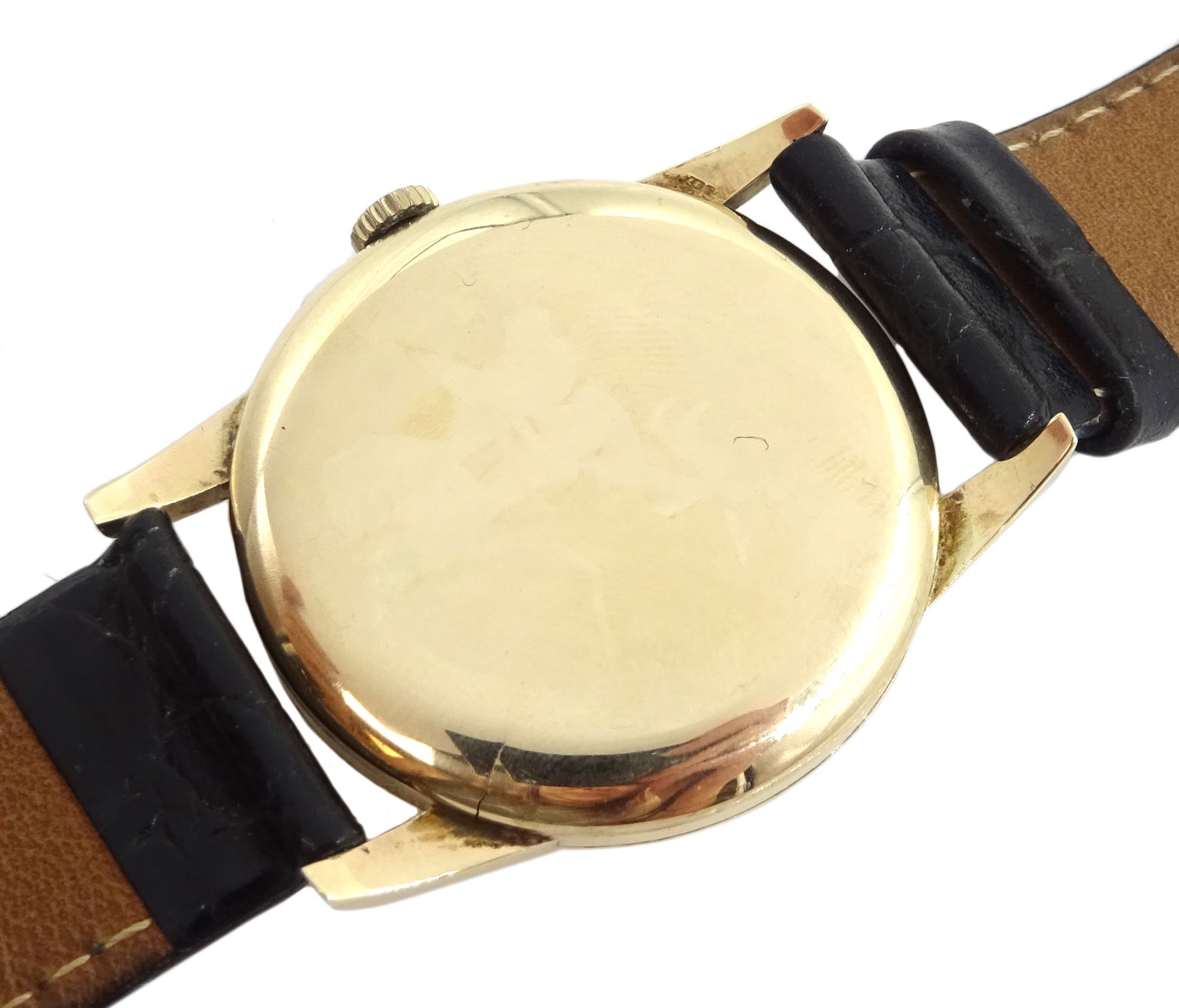 Bernex 9ct gold gentleman's manual wind wristwatch, Birmingham 1958, on leather strap