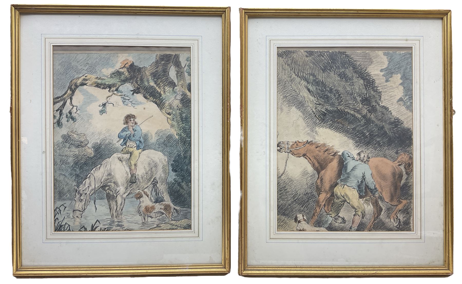 English School (19th century): Boy Horse Riding, pair watercolours and chalk unsigned 44cm x 33cm (2)