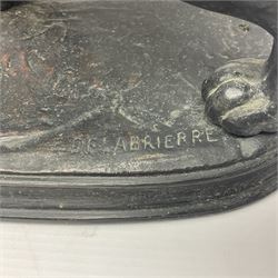 After Paul Edouard Delabrierre (French, 1829-1912), bronze, model of a lion, upon an oval base, signed E Delabrierre, overall H29.5cm, L46cm