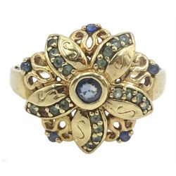 Gold sapphire and green amethyst flower design cluster ring, stamped 9K
