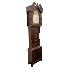 Joseph Richmond of York -  late19th century mahogany cased 30 hr longcase clock, with a swans neck pediment, break arch hood door flanked by ring turned pilasters, broad trunk with part-length recessed pillars and a short trunk door on a broad plinth with a recessed panel, fully painted dial with depictions of country cottages to the spandrels and break arch, with Roman numerals and minute track, stamped brass hands, dummy winding arbors and dummy seconds hand, dial pinned directly to a chain driven count wheel striking movement, striking the hours on a bell. With pendulum and weight.
Joseph Richmond of Fossgate was a respected clockmaker in 19th century York, maintaining the clocks in York Minster and other civic buildings in York.