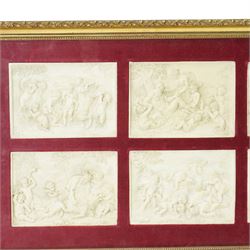 Set of six 19th century relief moulded plaster plaques depicting cherubs, possibly from the Mintons Museum and formerly from the estate of a Mintons artist each 11cm x 15cm in one frame