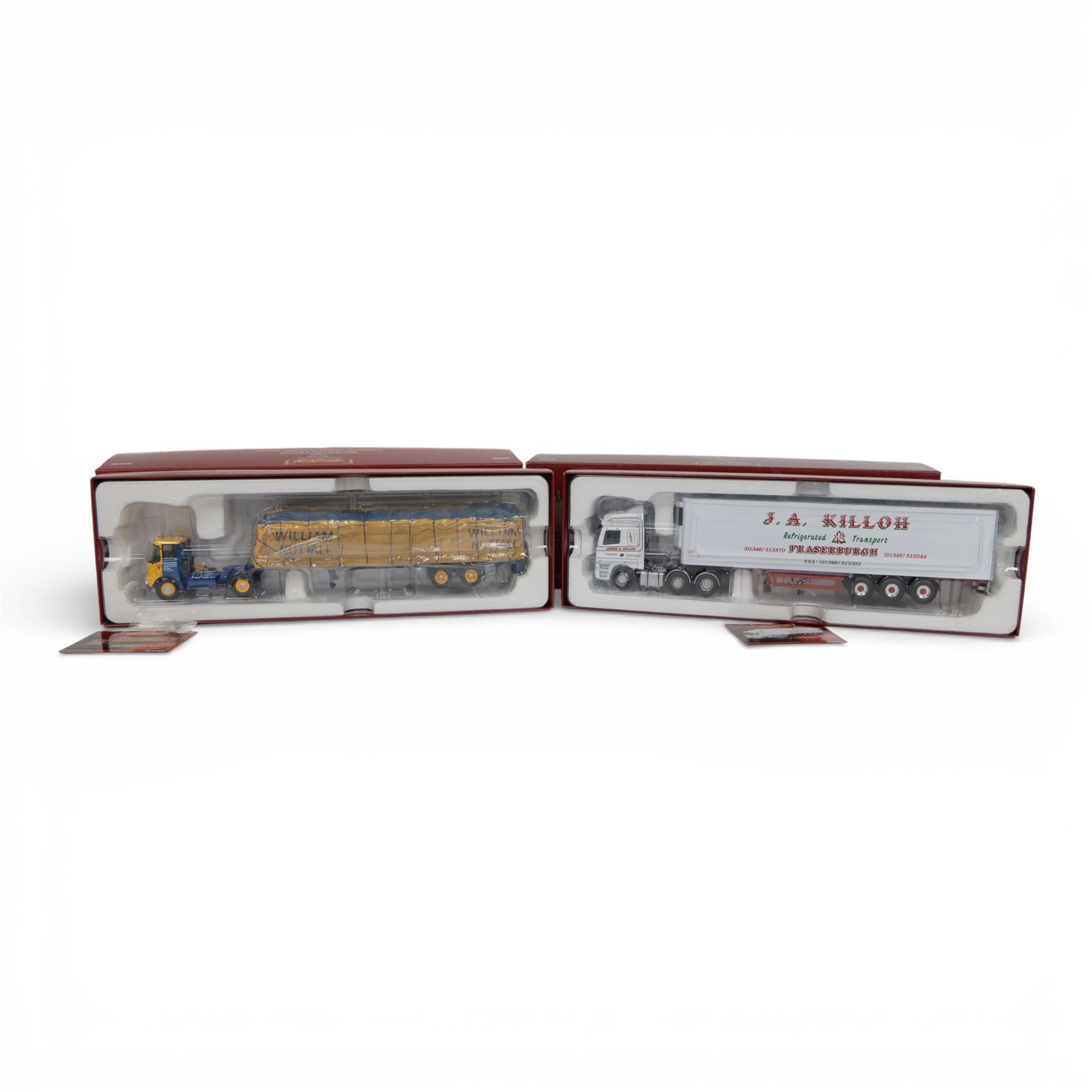 Two Corgi Hauliers of Renown 1:50 scale diecast model lorries, comprising CC12514 Atkinson Borderer Trailer & Canvas Load William Nuttall and CC13915 Foden Alpha Fridge Trailer JA Killoh Transport, both boxed