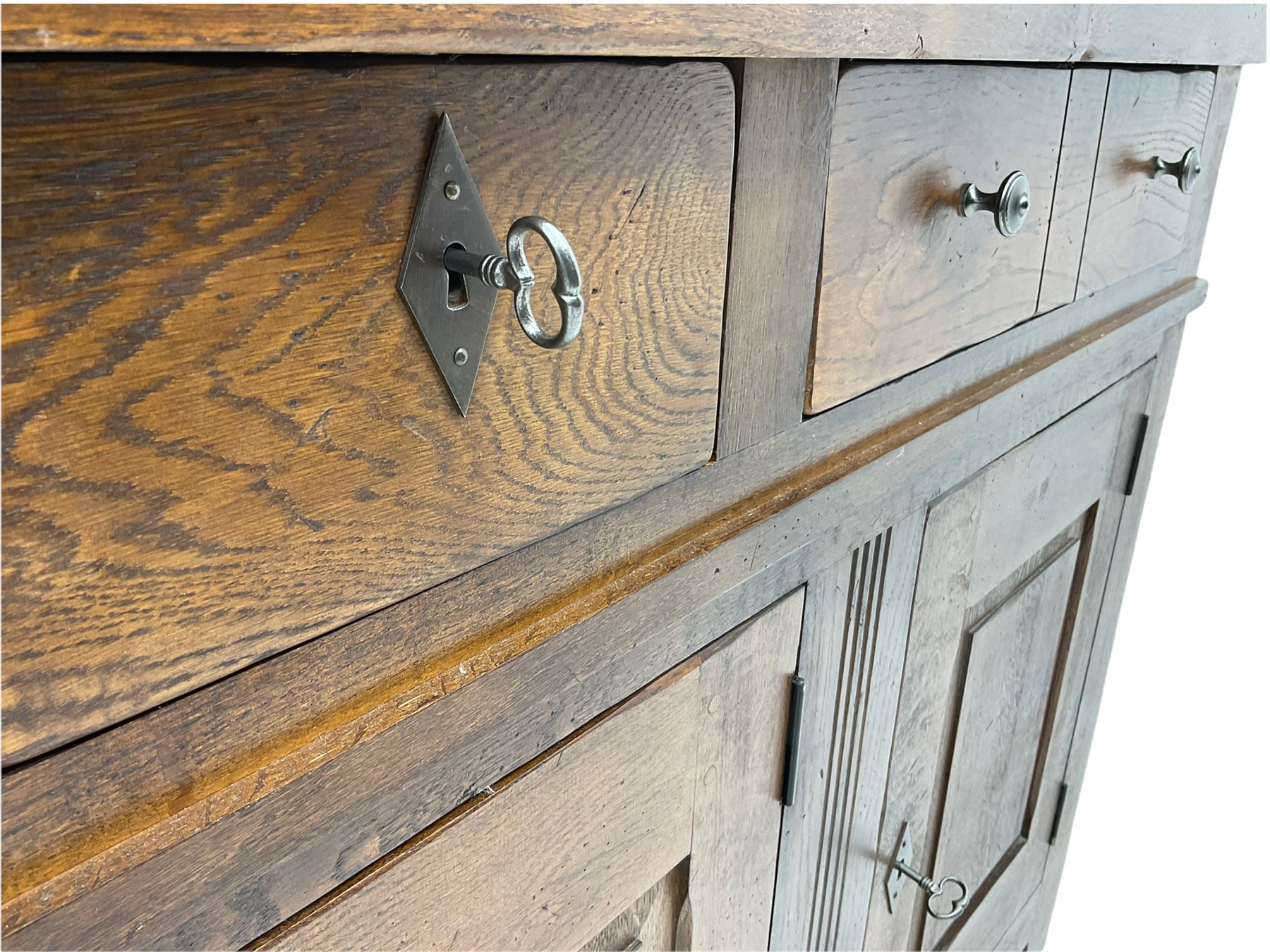 Antix French oak sideboard, fitted with three drawers and cupboards