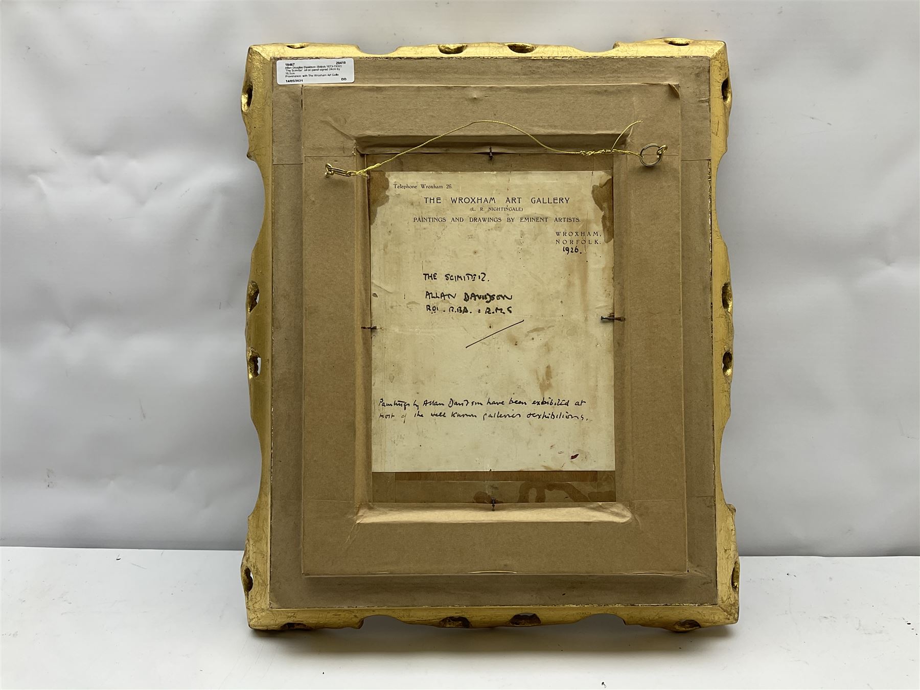 Allan Douglas Davidson (British 1873-1932): 'The Scimitar', oil on panel signed 24cm by 16.5cm
Provenance: with The Wroxham Art Gallery, Norfolk, label dated 1926 verso; Tennants Auctioneers 17th November 2011 Lot 1605