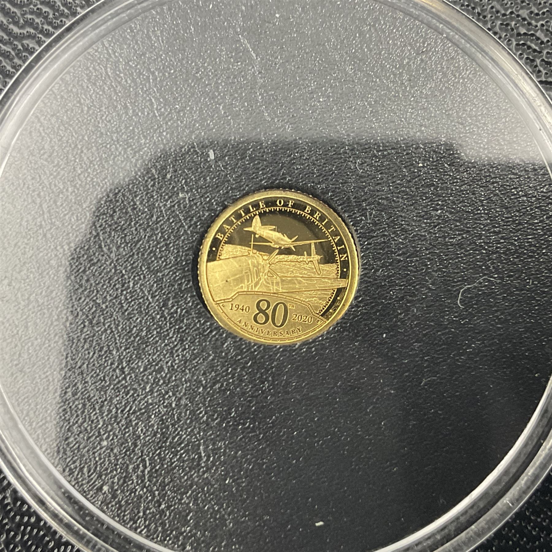 Eleven Queen Elizabeth II miniature gold coins, each being 0.5 grams of 24 carat gold, including Tristan da Cunha 2020 'Laurel', Solomon Islands 2020 '80th Anniversary of the Battle of Britain' etc, all with certificates