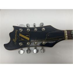 Eastern eight-string mandolin with sunburst finish and mother-of-pearl inlay L68.5cm; and another Harmony mandolin with cracked headstock (2)