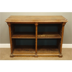  Early 20th century oak open bookcase, stepped front fitted with two adjustable shelves, panelled sides, W135cm, H93cm, D51cm  