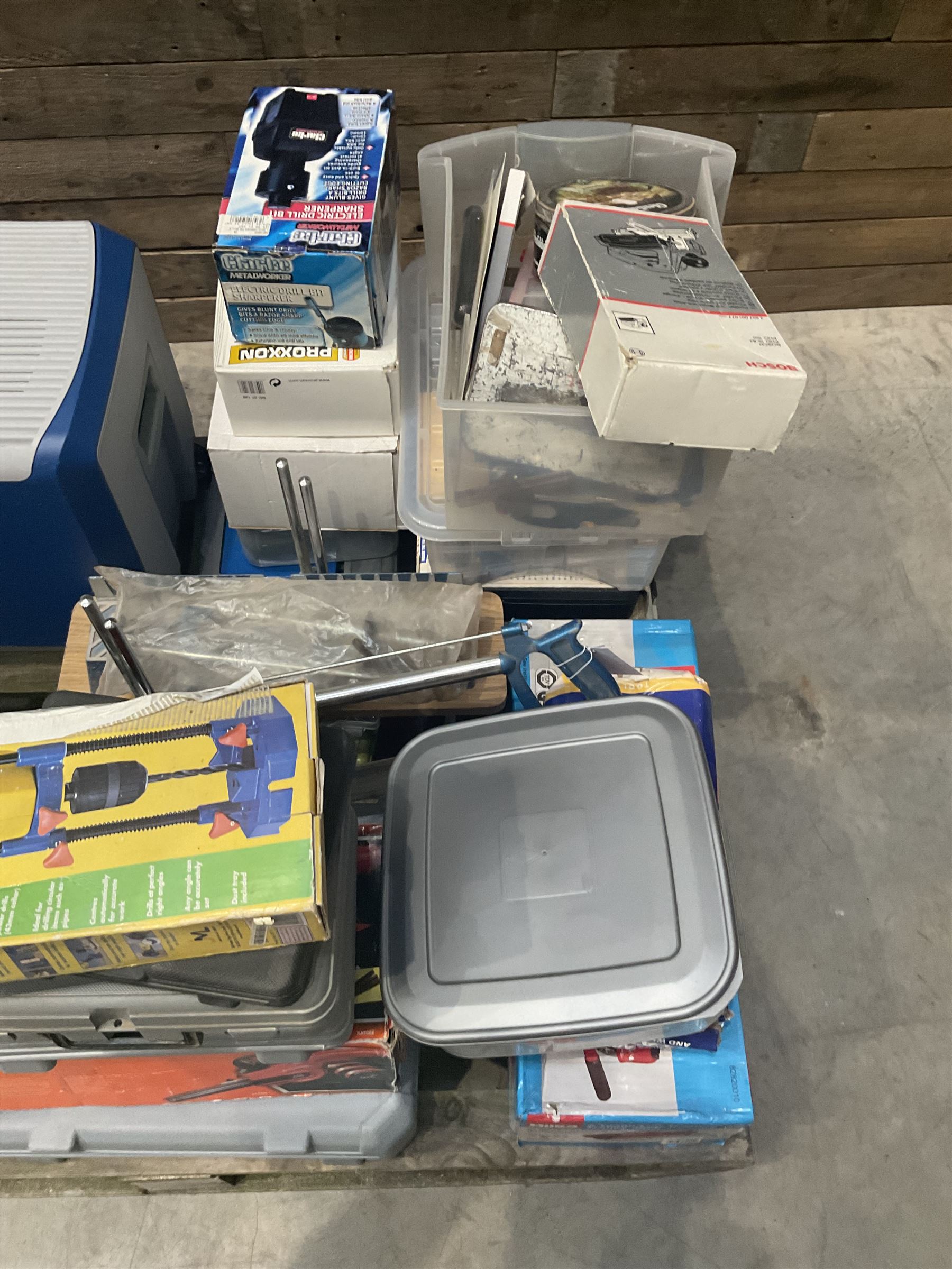 Black & Decker Powerfile, 2t trolley jack, axle stands, bench vice, framing kit, other tools and a Halfords cool box