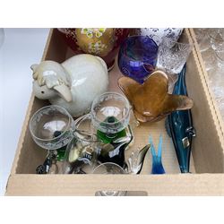 Collection of glassware, to include decanters, cake stands, vases, wine glasses etc, in four boxes 