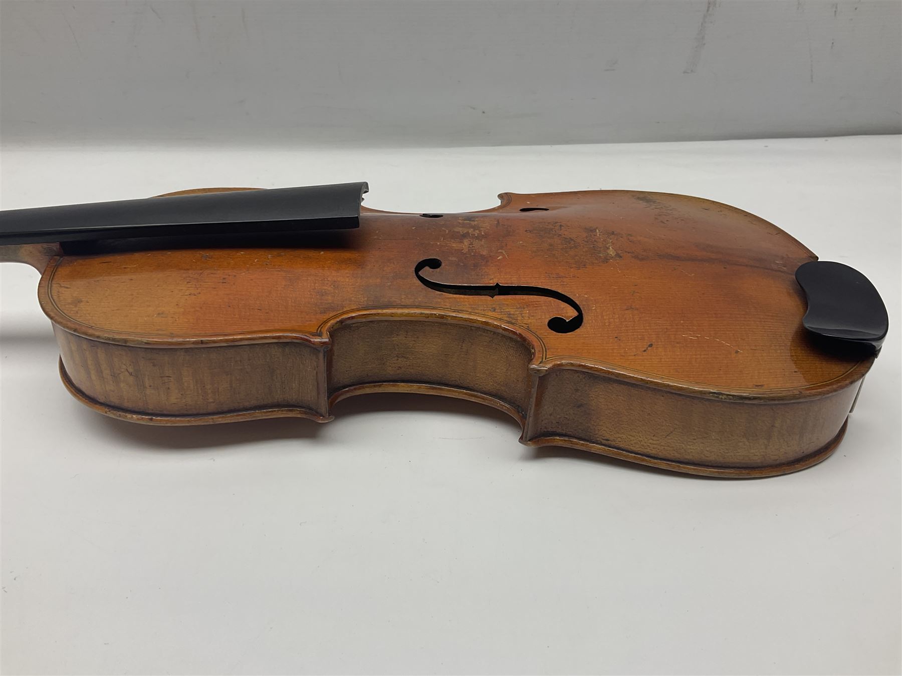 German violin c1900 for re-assembly with 36cm two-piece maple back and ribs and spruce top; L59cm; in ebonised wooden 'coffin' case with two bows