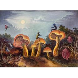 Bruce Kendall (British Contemporary): Fairies and Mushrooms, oil on canvas board signed 22cm x 29cm