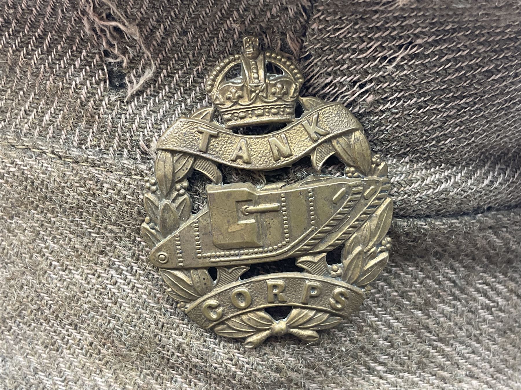 WW1 British Army stiff trench cap with Tank Corps cap badge