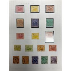 Western Australia 1854 and later stamps, including four single 1854 one penny and a vertical pair, 1860 two pence, four pence and six pence, various overprints etc, housed on pages