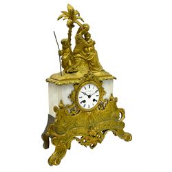 French - Parisian 8-day patinated figural mounted mantle clock c1820, in a rectangular white marble case surmounted by a mother and young children resting by a palm tree, on a cast base with an  elaborate foliate scroll apron incorporating outswept splayed feet, white enamel dial with retailers name, roman numerals, minute track and steel moon hands, rack striking twin train movement with a silk suspension striking the hours and half hours on a bell. No Pendulum.