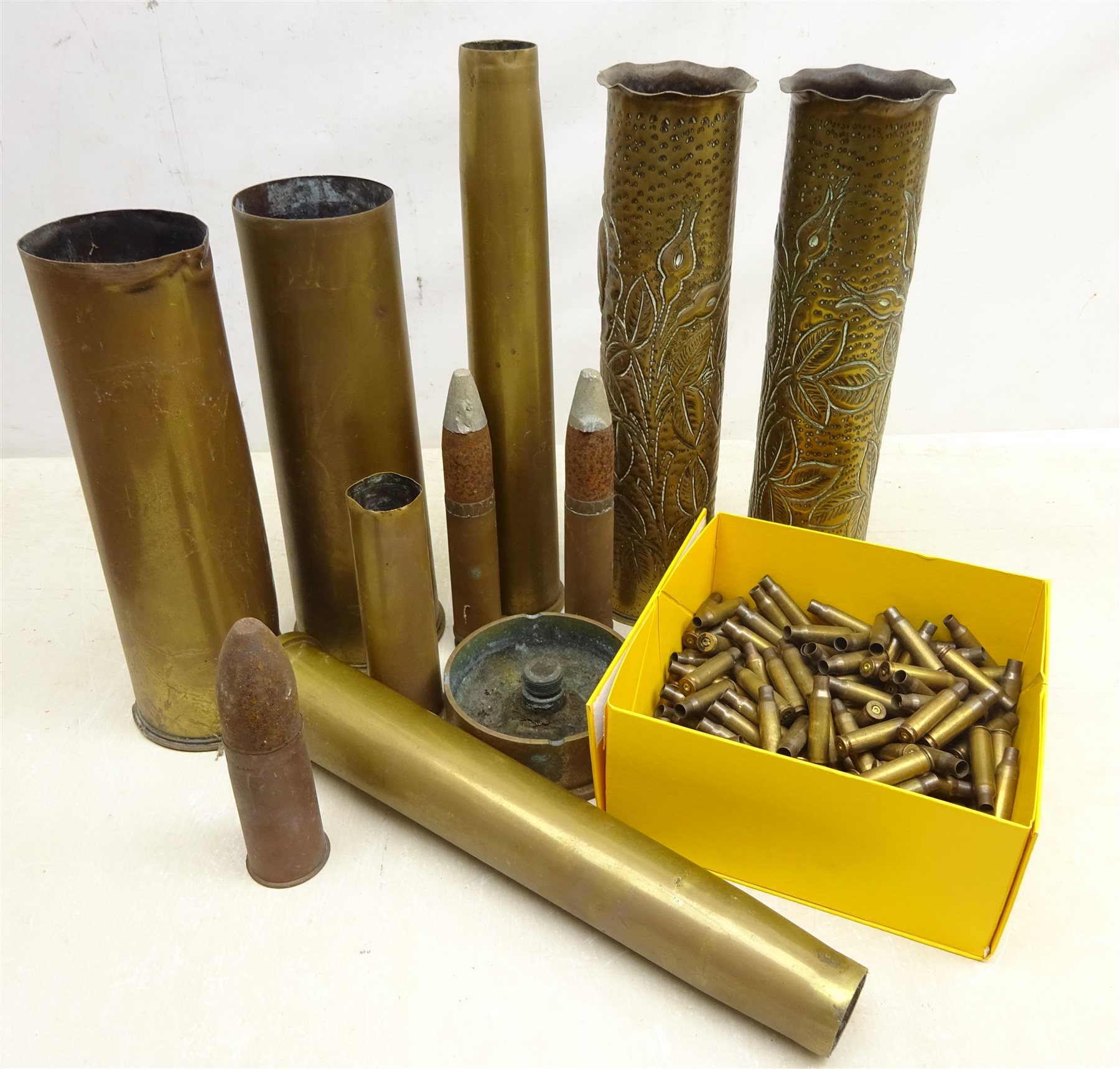 Pair WW1 Trench Art brass artillery shell cases & ashtray, two 30mm Aden  Cannon rounds, other WW1 shell cases and qty of brass cartridge cases -  Decorative Antiques & Collectors Sale