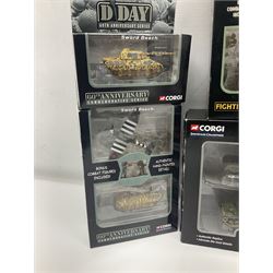 Corgi - twenty-six Showcase Collection 'Fighting Machines' for tank warfare including four-model pack, three two-model packs, WWII Legends, D-Day 60th Anniversary etc; all boxed (26)