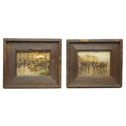 Gustavo Pisani (Italian 1877-1948): Figures and Flower Sellers in Napoli Markets, pair oils on panel signed 18cm x 23cm (2)