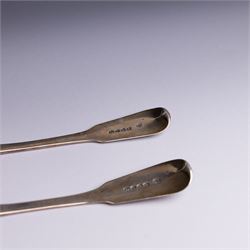Pair of George III silver Fiddle pattern table spoons, each with bright cut floral and foliate decoration, hallmarked Sarah & John William Blake, London 1815
