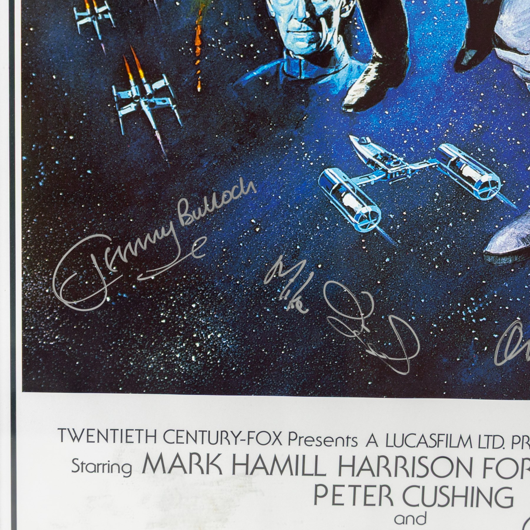 Limited edition multi-signed one sheet Star Wars poster, signed by Kenny Baker, Jerome Blake, Phil Brown, Jeremy Bulloch, Silas Carson, Mike Carter, Michaela Cottrell, Oliver Ford Davies, Mike Edmonds, Garrick Hagan and Michael Sheard, with certificate of authenticity form Collector Zone, framed, poster H90cm, W62cm
