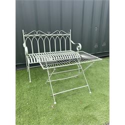 Green finish metal work garden bench (W114cm), and matching garden table (88cm x 54cm, H46cm) - THIS LOT IS TO BE COLLECTED BY APPOINTMENT FROM DUGGLEBY STORAGE, GREAT HILL, EASTFIELD, SCARBOROUGH, YO11 3TX